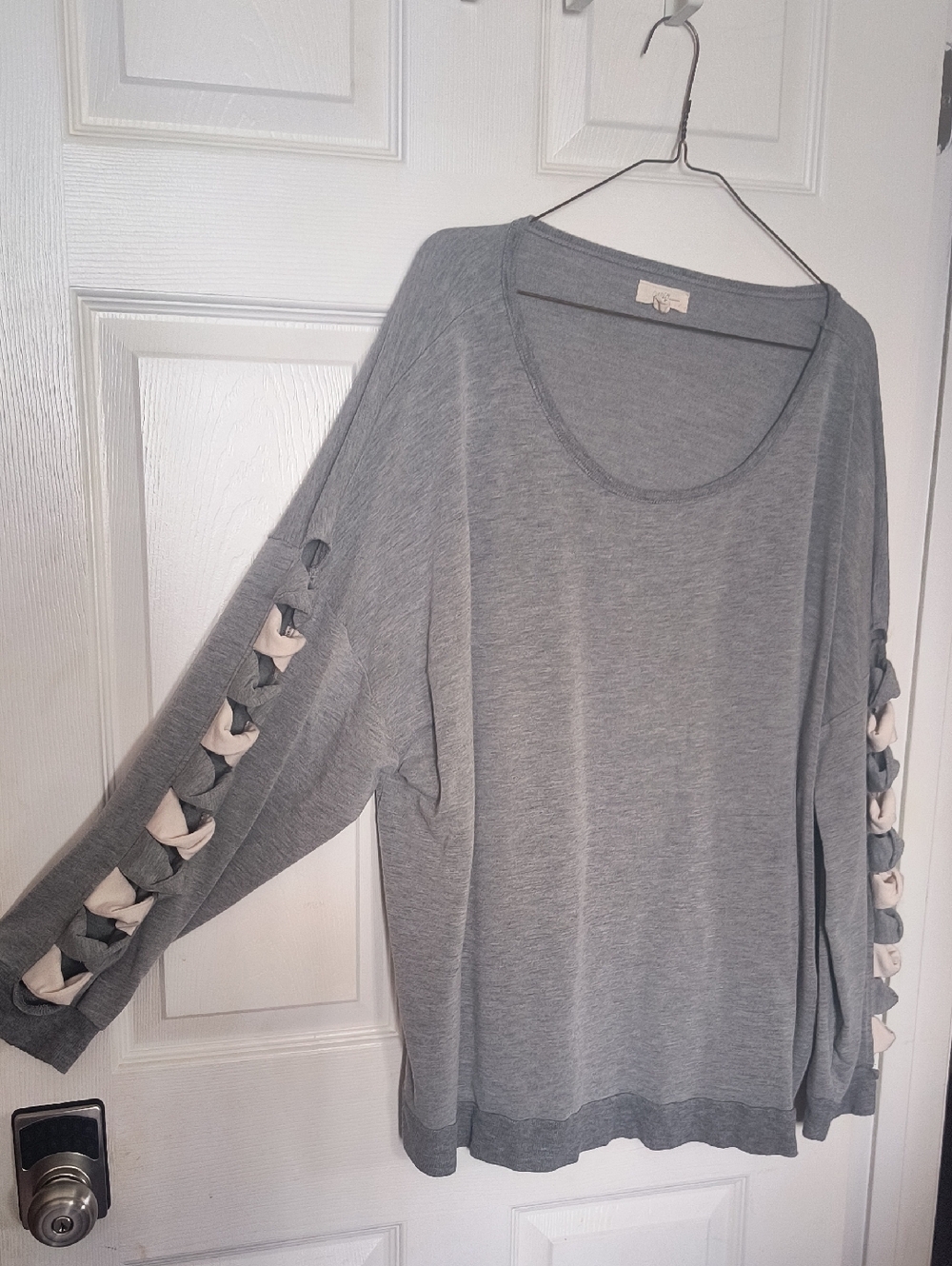 Cupio Grey Scoop Neck Knit Top with Sleeve Tie Detail